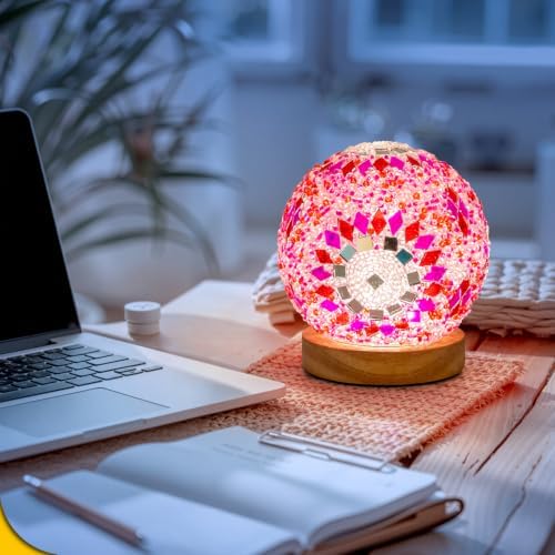 Turkish Mosaic Lamp, 3 Color Temperature Tiffany Bedside Lamp with USB Power, Moroccan Glass Lantern Table Lamp for Living Room Decor, Simple Control (D:4.7" x H:5.2") (Red1)