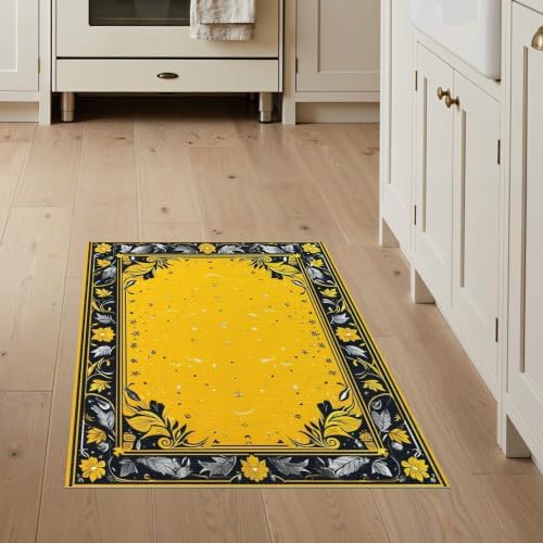 3'x5' Yellow Black Cat Golden Feline Motif Washable Accent Rug