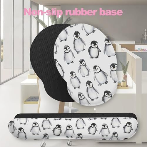 Funny Cute Penguin Mouse Pad with Wrist Rest Set, 3-in-1 Wrist Support Mousepad Set, Gaming Mat Pad with Anti-Skid Base,Ergonomic Memory Foam Mouse Pad Set for Women, Office, Typing, Gaming