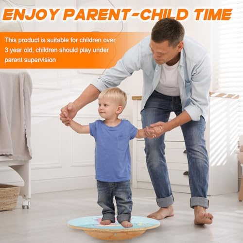 Balance Board for Kids, Wooden Wobble Rocker Board for Children, Capable of Bearing 123LB, Durable for Balance Training, Core Strength and Active Play, Bright Blue Monkey Pattern