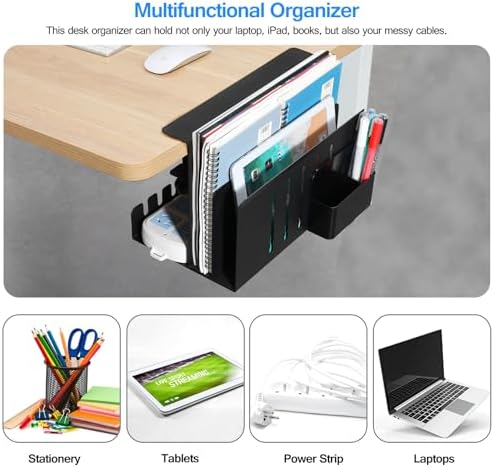 MAXECHO Desk Side Storage, Under Desk Laptop Mount, Table Side Hanging File Organizer, No Drill Clamp On Cable Management Tray, Laptop Holder with Magnetic Pen Holder for Office and Home, Load 22 Lbs