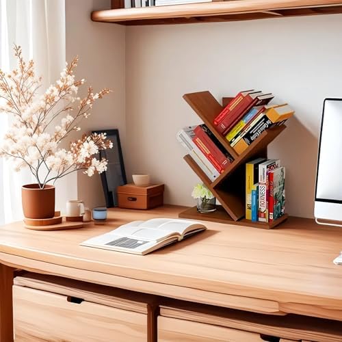 Small Bookshelf,3 Tier Wood Mini BookShelf,Tree Book shelf,Teak color