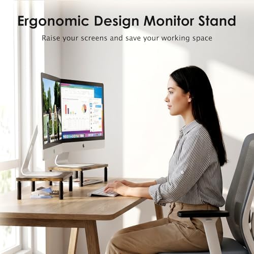ECOLOVI Adjustable Wood Computer Monitor Stand Riser, Office Desk Organizer and Accessories for Monitor, Laptop, PC, Printer, Office Desk Accessories Workspace Organizer for Home Office Supplies, Brown