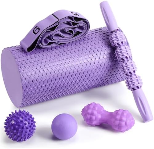 Seenelling 6 Pcs Muscle Foam Roller Set Massage Ball Stick Strap, Purple