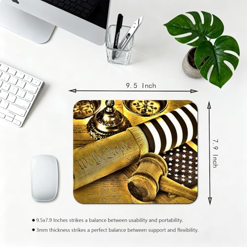 9.5x7.9 Inch Office/Gaming Mouse Pad, U.S. Constitution Scroll We The People, Gavel and Retro American Flag Vintage Design Cute Anti-Slip Mat for Desk
