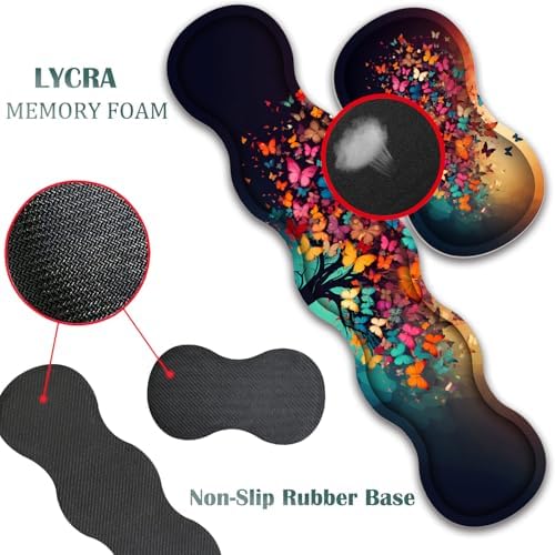 4 in 1 Mouse Pad Combo, Large Gaming Mouse Pad + Keyboard Wrist Support + Mouse Wrist Rest + Coaster, Table Pad 31.5 "x 11.8" with Memory Foam Ergonomic Wrist Pad Set, Colorful Tree Butterfly