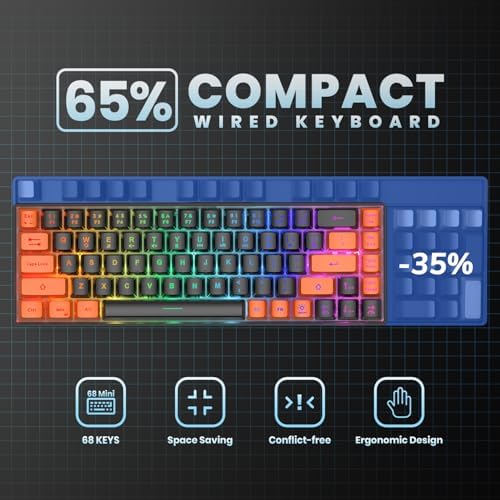 GEODMAER 65% Gaming Keyboard, LED Backlit Mini Wired Keyboard, Ultra-Compact Anti-Ghosting No-Conflict 68 Keys Membrane Gaming Wired Keyboard for PC Laptop Windows Gamer(Black-Orange)