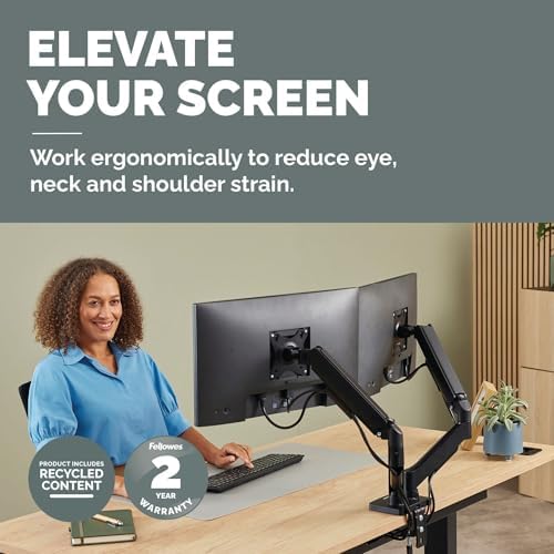 Fellowes Everyday Plus Dual Gas Spring Monitor Arm Holds Two Screens up to 32" Weighing 4.4-19.84 lbs ea, Height Adjusting, Tilt, Swivel, Rotate, VESA 75/100, Clamp or Grommet Mount, Cable Management
