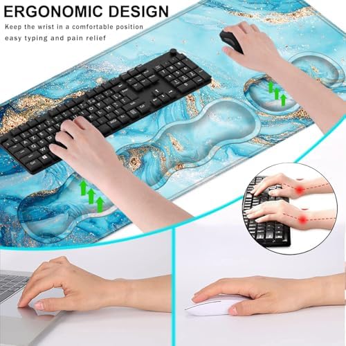 Keyboard Wrist Rest and Mouse Pad with Wrist Support Set Ergonomic Coaster,Memory Foam,Easy Typing Pain Relief,Large XL Desk Mat 31.5"x 11.8",Abstract Marble Texture