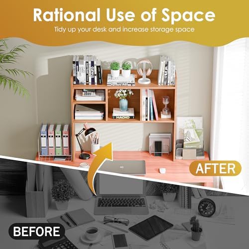 SUPER DEAL Desktop Bookshelf, Countertop Storage Hutch with 4 Shelves for Computer Desk, 2-Tier Display Rack, Multipurpose Wood Desk Hutch Storage Organizer for Home Office Dorm, Natural