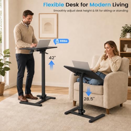 25" Mobile Folding Desk, Pneumatic No-Assembly Standing Desk, Black