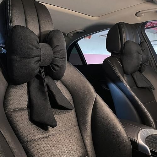 Car Seat Neck Pillow Elegant Bow Car Headrest Pillow Set - Cotton Linen Neck Cushion Universal Fit for Women Comes with 2 Seat Belt Covers (Black Set 4Pcs)