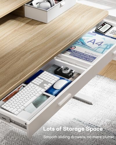 HUANUO 48 x 30 inch Electric Standing Desk with 2 Wood Drawers, Adjustable Height Sit Stand Desk for Home Office, Ergonomic Stand up Desk with 4 Memory Presets, 176 lbs Capacity, Natural Top