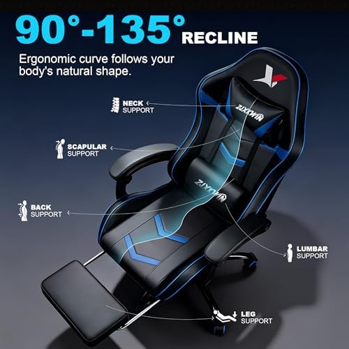 Ergonomic Gaming Chair for Adults, Reclining Computer Office Desk Chair with Footrest, Pocket Spring Cushion,Linkage Armrests, Lumbar Support & Headrest, Heavy-Duty Enlarged Metal Base,Blue