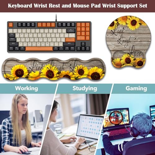 Keyboard Wrist Rest and Mouse Pad Wrist Support with Lace-Shaped Coaster Set, Ergonomic Gel Memory Foam and Anti-Slip Base, Easy Typing and Pain Relief - Sunflower Bible