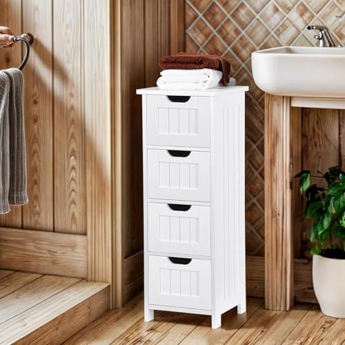 Bathroom Floor Storage Cabinet, Freestanding Wooden Side Organizer w/4 Drawers & Anti-Tip Kit for Bathroom Living Room Hallway Office Study, White