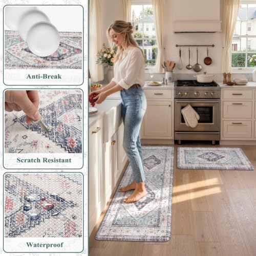 KIMODE Anti Fatigue Kitchen Mats, Blue Boho Distressed Kitchen Rugs 2 Pcs