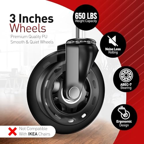 RIVEDA Office Chair Caster Wheels Set of 5 - Smooth 3 inch Heavy-Duty Replacement Rubber Wheels for Gaming & Desk Chair - Easy to Install, Suitable for Hardwood Floors, Carpet, Tiles (Black)