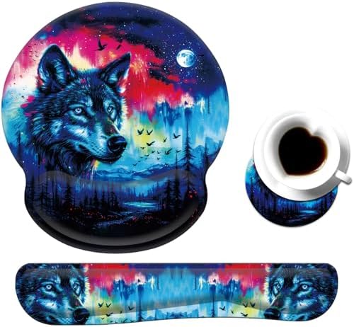 Keyboard Wrist Rest and Mouse Pad Wrist Support Set with Coaster,Comfortable for Easy Typing,Pain Relief,Memory Foam Keyboard Pad Set for Laptop Mac,Forest Wolf