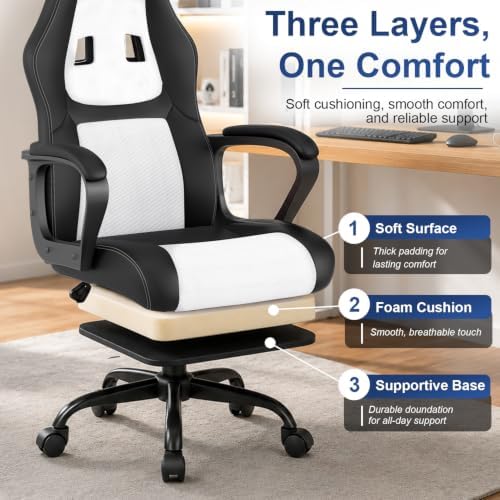 PayLessHere Gaming Chair Ergonomic Office Chair Computer Chair with Lumbar Support Ergonomic Pu Leather Adjustable Height Executive Chair for Women Men and Adults,White