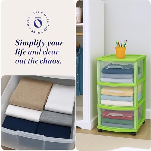 HOMZ Drawer Tower, 3-Tier Storage Cart with Removable Wheels, Lime, 2 Pack