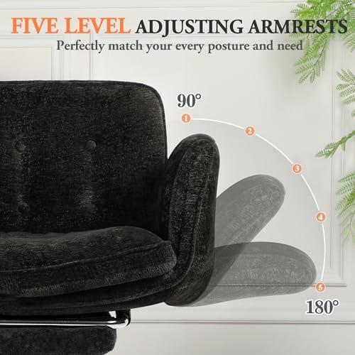 Criss Cross Chair with Footrest & 5 Level Folding Arms Full Relaxation, Wide Cross Legged Office Chair for Home Office, Comfy Swivel Desk Chair with Ottoman, Chenille Vanity Chair (Black)