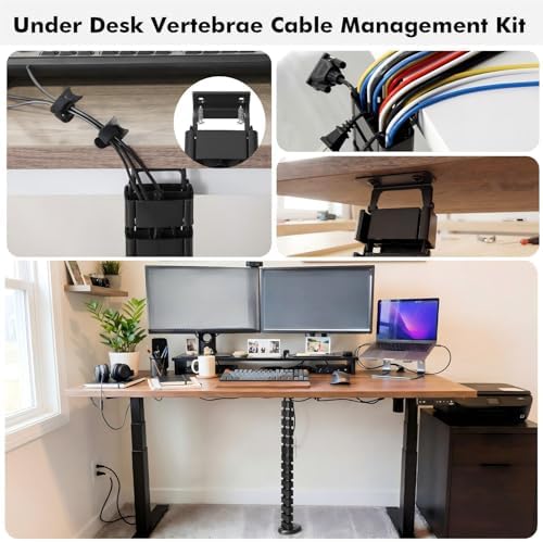 Yaomiao 4 Pack Under Desk Vertebrae Cable Management Kit Standing Desk 48'' Adjustable Quad Entry Flexible Cord Organizer with Ties, Stick-on Clips Cable Management Set for Home User Office Worker