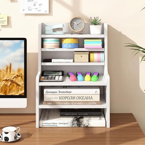 Tangkula 6-Tier Desktop File Organizer, Wooden Mail Letter Tray Organizer with 2 Removable Shelves for Papers, Folders & Office Supplies, Space-Saving Desktop File Holder for Small Spaces Home Office