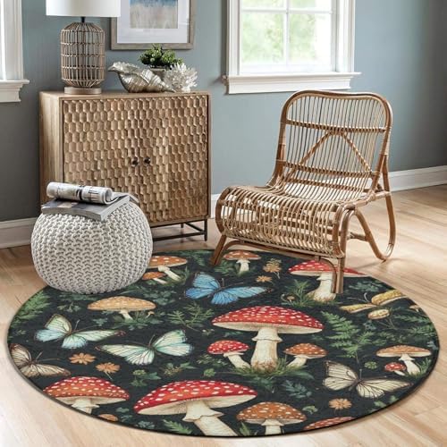 Women's Large Home Decor Mat, Soft Round Yoga Carpet, Non Slip Machine Washable Home Office Circle Rug Butterfly Mushroom Gifts
