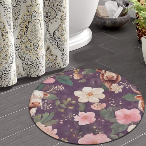 Large Round Area Rug Home Decor Modern Bathroom Rug Kitchen Office Circle Rug for Living Room Sofa Circle Cute Mat Highland Cow Pink Flowers Art, 60inch