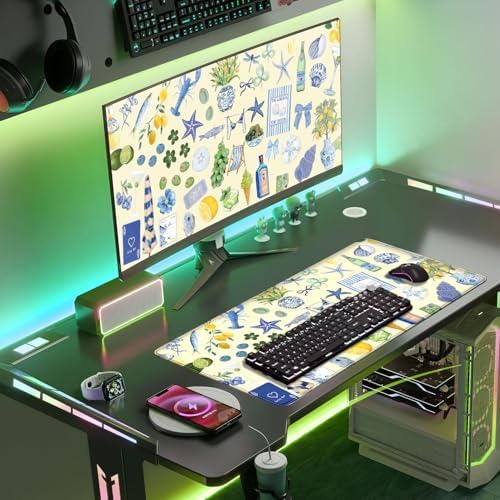 Cute Pastel Coastal Desk Mat with Vibrant Sea Life Beige Large Mouse Pad Cozy Aesthetic XXL Mouse Pad Anti-Slip Big Mousepad with Stitched Edges for Computer Desktop