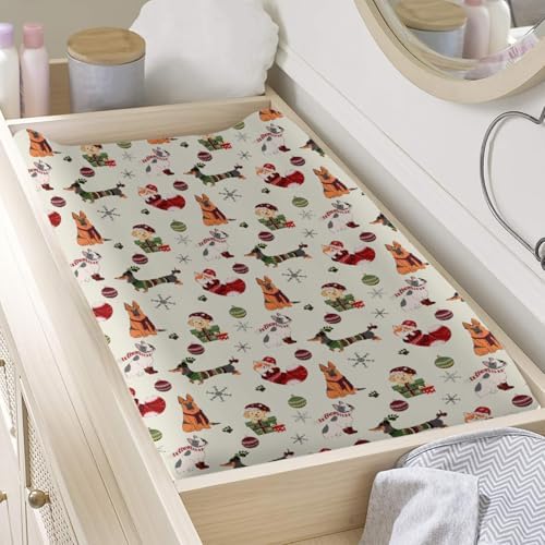 Cute Christmas Dogs Winter Holiday Snowflakes Pattern Baby Changing Pad Cover, Unisex Christmas Nursery Diaper Changing Table Pad Mat Sheet for Boys Girls-16x32