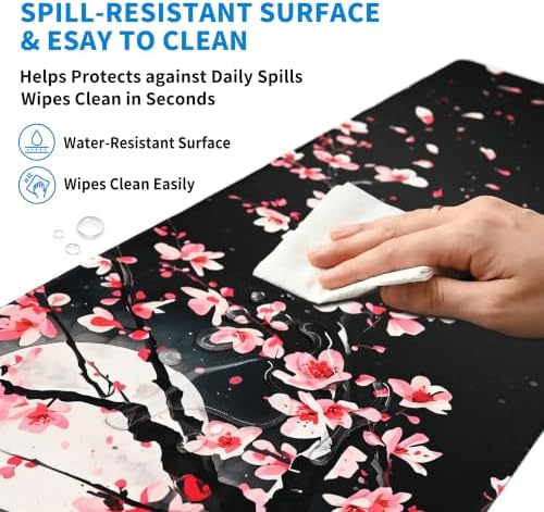 Extended Cherry Blossom Desk Mat, XXL Large Gaming Mouse Pad, Japanese Sakura Moon Stitched Edges Waterproof with Non-Slip Rubber Base for Computer Keyboard Laptop Work Home Office 35.4"x15.7"