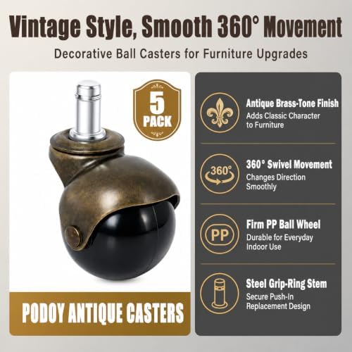 2 Inch Brass Caster Wheels, 5 Pack Antique Ball Casters, 7/16" × 7/8" Stem