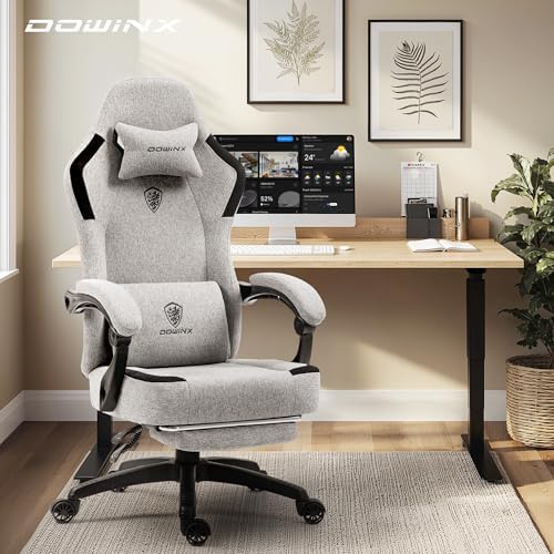 Dowinx Fabric Gaming Chair with Pocket Spring Cushion,Breathable Computer Chair with Massage Lumbar Support and Footrest,High Back Game Office Chair for Adult,Grey