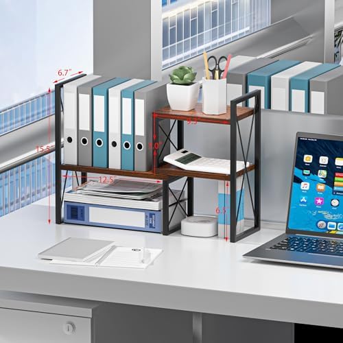 Expandable Desktop Shelf Organizer, 2 Tier Wood Desk Shelf for Office, Metal Corner Bookshelf, Countertop Storage Rack (Brown)