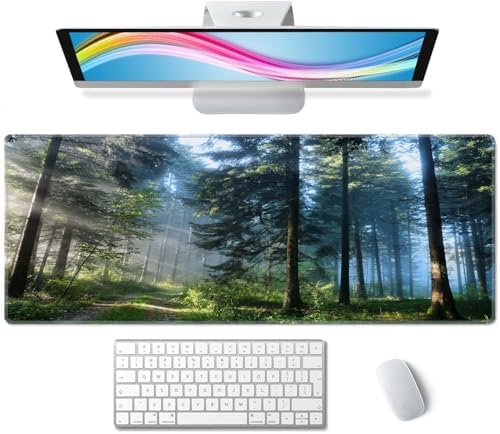 Forest Morning Large Gaming Mouse Pad Keyboard Desk Pad Extended Mouse Pad Gaming Office Decor, PC Laptop Mouse Pads Large (31.5x151.8 in) with Stitched Edges Non-Slip Base Mousepad XL