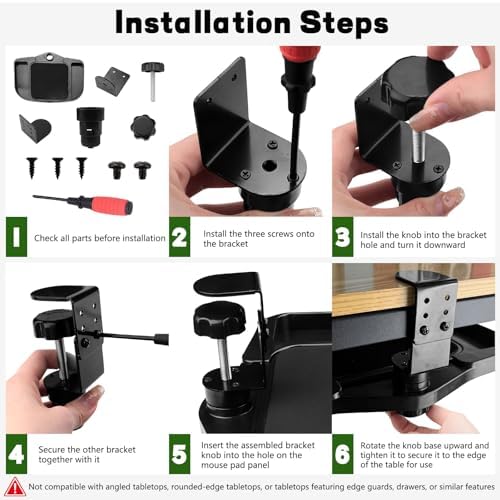 Clamp-on Mouse Tray Under Desk, Height Adjustable Under Desk 360° Rotating Tray Rest Extension Attachment, Clamp-on Mouse Pad Holder Platform with Storage Compartments (Black)