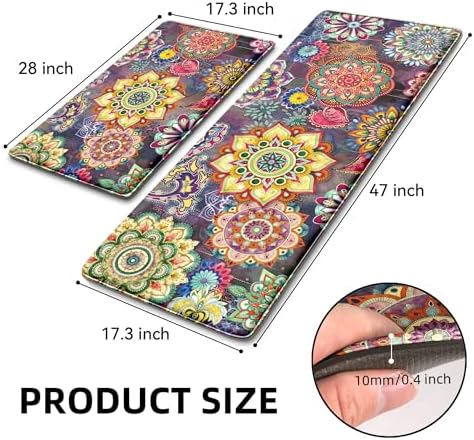 Boho Red Floral Kitchen Rugs Mats for Floor 2 Piece Memory Foam Padded Kitchen Mats Anti Fatigue Non Slip Cushioned Comfort Standing Mat, 17.3x28+17.3x47 Inch