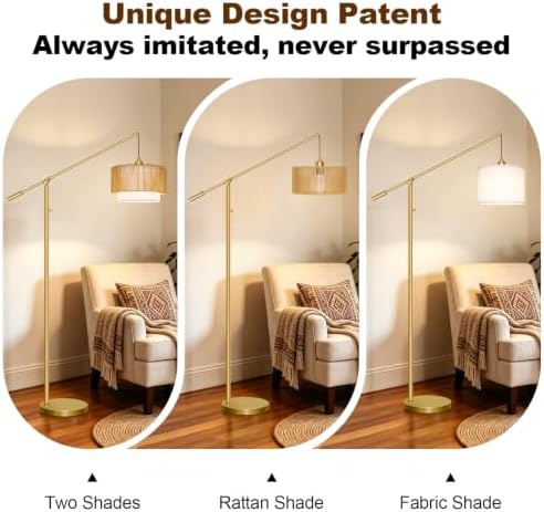 【Upgraded】Boho Dimmable Floor Lamps with Adjustable Swing Arm, 1100 Lumens Bulb Included, Modern Standing Lamp with Rattan & Fabric Shades, Farmhouse Tall Arc Floor Lamp for Living Room Bedroom, Gold