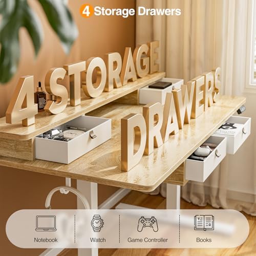 Grandder Electric Standing Desk with Four Drawers, Sit to Stand Up Height Adjustable Desk with Storage Shelf for Home Office, 47 * 28 Inch, Study, Ergonomic Adjustable Computer Desk, Oak