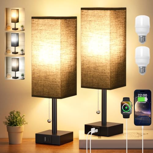 Set of 2 Black Bedside Table Lamps for Bedroom - Nightstand Lamp, USB C+A