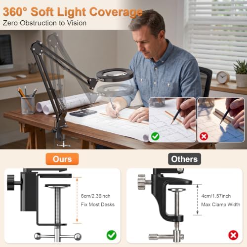 10X Magnifying Glass Lamp w/Clamp, 360° Shadow-Free Light for Close Work