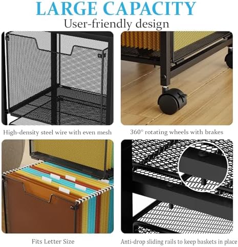 Sbanmao Rolling File Cart with 2 Storage Drawers, Mobile File Cabinet with Wheels, Hanging File Folder Organizer, Under Desk Storage, Printer Stand Utility Cart Filing Cabinet for Home Office,Black