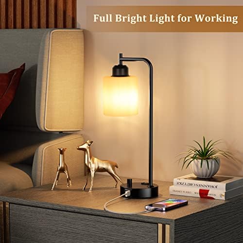 Industrial Bedroom Table Lamps for Bedside - White Opal Glass Shade Desk Lamps with USB C Port, Fully Dimmable Black Lamps with USB Port and Outlet, Reading Nightstand Lamp for Office Living Room