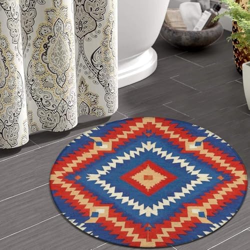 Soft Round Yoga Carpet, Large Home Decor Mat, Non Slip Machine Washable Kitchen Office Circle Rug Aztec Red Blue