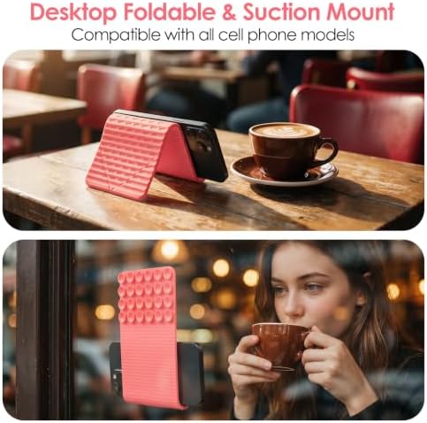 Flexible Silicone Aluminum Phone Holder Tablet Stand with Charging Port Design, Foldable Airplane Laptop/Phone Stand for Home Office Travel (Pink - with Suction)
