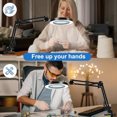 10X Magnifying Glass with Light and Clamp, Real Glass Lens, Adjustable Swing Arm, 3 Color Modes, Stepless Dimming LED Magnifying Lamp for Reading, Crafts, Soldering, Sewing & Close Work