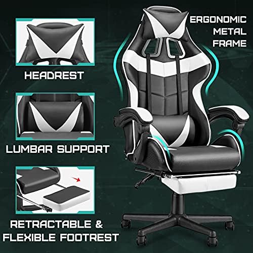 Huracan Gaming Chair with Footrest, Ergonomic Computer Chair Lumbar Support, Adjustable High Back Recliner for Adults, Racing Style Video Gaming Chairs, for Home Office Streaming, White