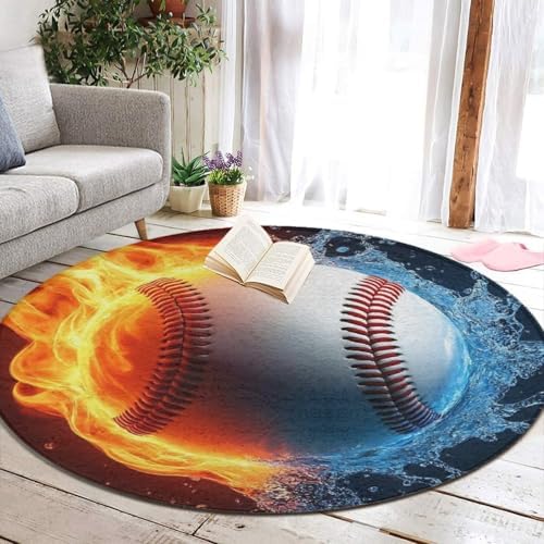 Women's Large Home Decor Mat, Soft Round Yoga Carpet, Non Slip Machine Washable Home Office Circle Rug Water Fire Flame Baseball Sport